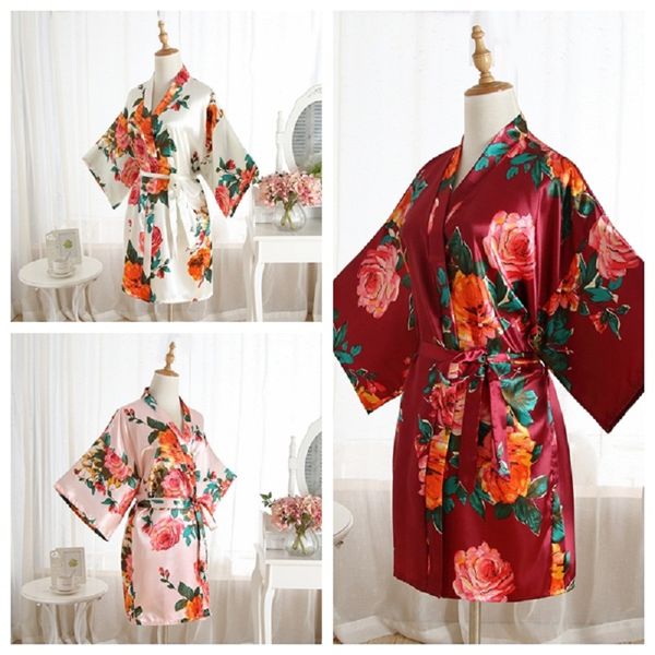 

pajamas gown wedding bridesmaid robe satin robe dudan flower bathrobe short kimono bath fashion dressing, Black;red
