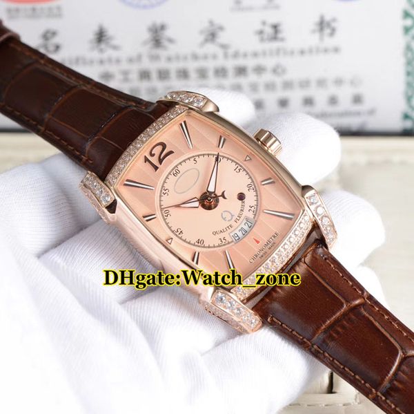 

kalpa grande qf limited editions pf010239.01 gold dial automatic men's watch rose gold diamond bezel leather strap wristwatches, Slivery;brown