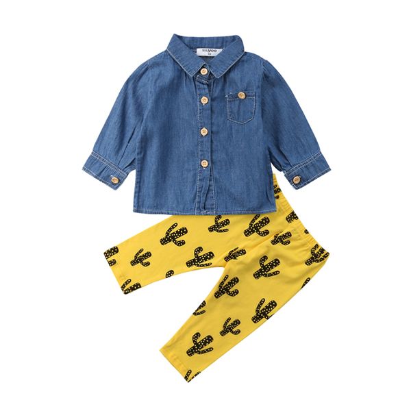 

baby girl clothes set newborn toddler kid long sleeve denim shirt cactus yellow pants leggings panties spring autumn outfit, White