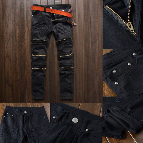 Jeans masculinos Classic Slim Men Clothing Fit Straight Biker Zipper Full Comprimento Tamanho 36 34 32