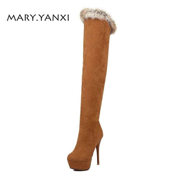 

women fashion winter long over the knee boots boots flock nubuck fur stovepipe high heels plush platform zipper round toe, Black