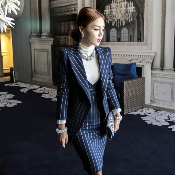 

wholesale-women blazer suits elegante with skirt cotton striped women autumn spring blazer+dress 2 pieces set for women clothes m91423, White;black