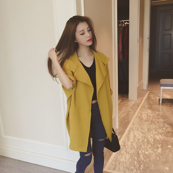

women' autumn windbreaker three quarter trench coat open stitch turn down collar female loose casaco feminino outerwear clothes, Tan;black