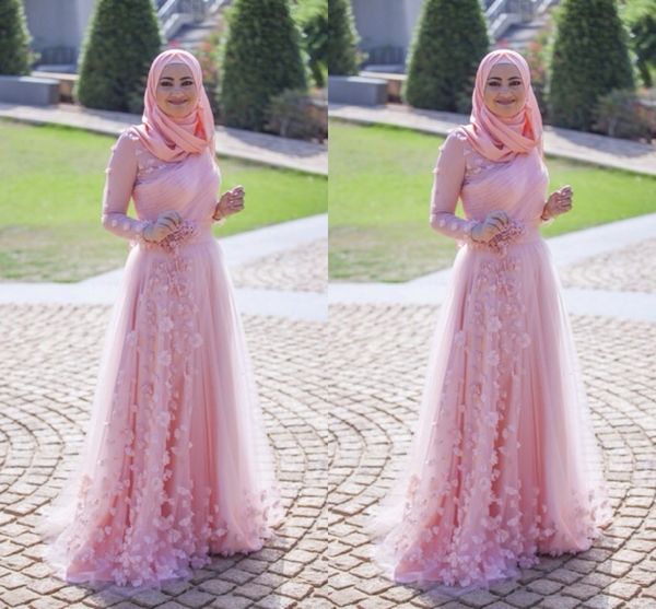

muslim pink a line lace 2018 prom dresses long high neck handmade flowers sweep train long sleeves formal evening party gowns custom made, Black;red