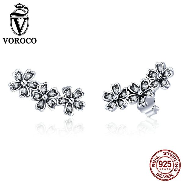 

voroco genuine 925 sterling silver stud earrings elegant women jewelry cubic zirconia dazzling daisy fashion party gifts bke419, Golden;silver