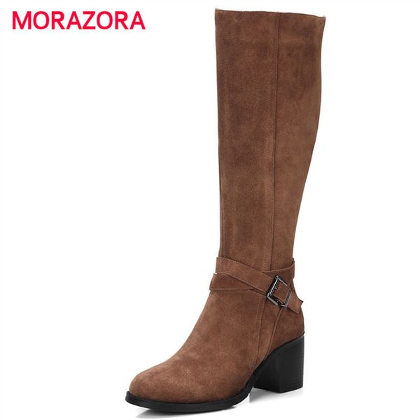 

morazora 2018 new autumn winter round toe fashion boots square heel cow suede leather boots high heel zipper knee high, Black