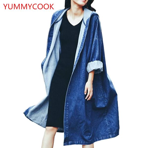 

весна свободные капюшоном длинный участок над коленом ковбой пальто женский однобортный шить сплошной цвет пальто женская одежда a198, Tan;black