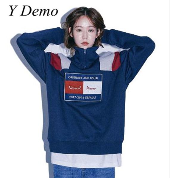 

harajuku zipper turtleneck couple sweatshirt 2018 spring new vintage chic jacket color spliced pullover, Black