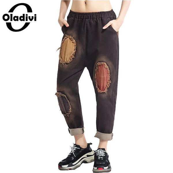 

oladivi brand women clothing casual ladies jeans female destroyed hole denim pant trousers capris girl pantalones harem pant, Blue