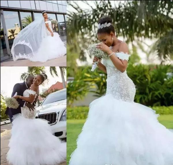 

charming tiers lace off shoulder mermaid wedding dresses applique puffy african arabia plus size bridal gown bride dress new arrival, White