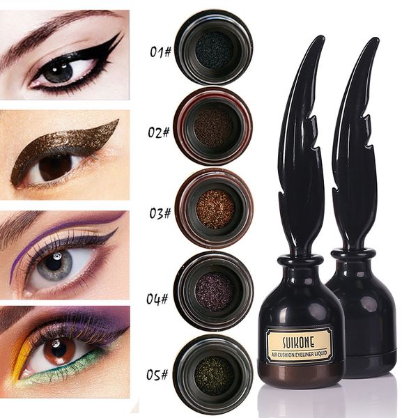 

colorful liquid eyeliner pen waterproof long lasting air cushion eyeliner black brown shimmer with feather brush ac027#