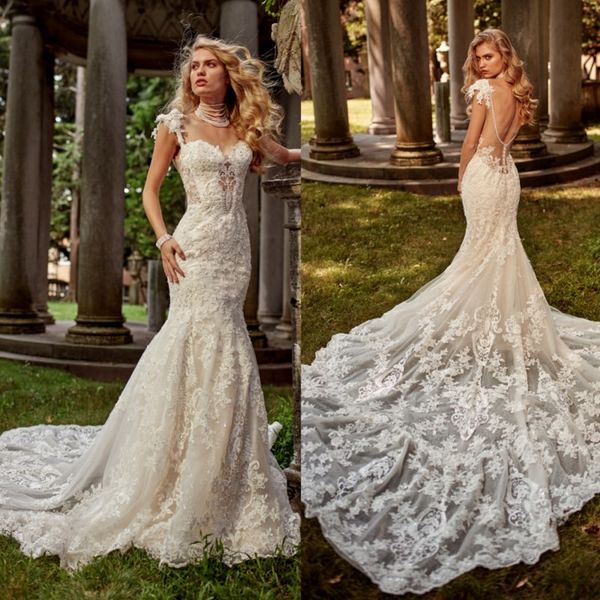 

eve of milady 2019 wedding dresses spaghetti strap backless lace appliqued mermaid bridal gowns court train plus size wedding dress, White