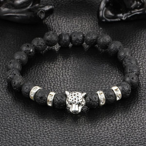

new antique gold silver plated buddha leopard head bracelet lava natural stone beaded bracelets for men women pulseras hombre, Black