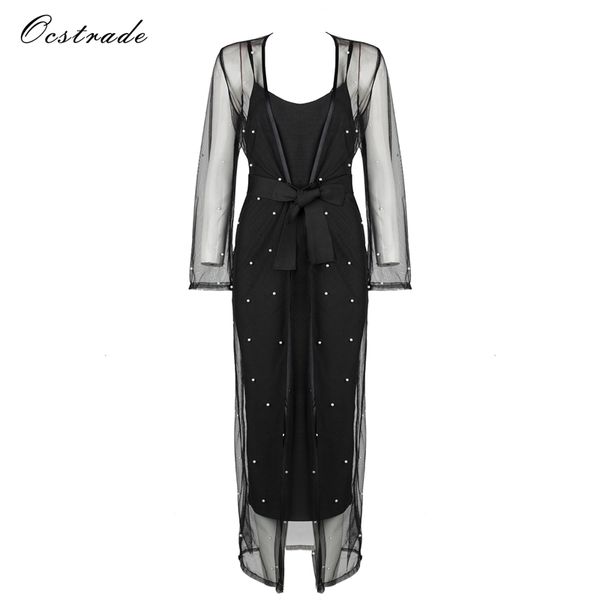 

ocstrade women party dress 2018 spring summer new arrival black mesh long sleeve vestido bandage dress midi, White;black