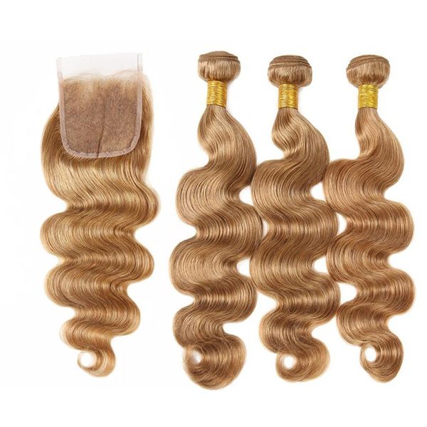 Honigblonde Bundles mit Verschluss, Farbe 27 brasilianische Haarwebarten mit Spitzenverschluss, gewellt, erdbeerblondes Echthaar, 3 Bundles Angebote