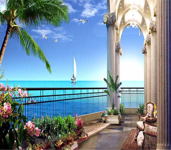 

3d wallpaper custom mural balcony seaside coconut tree background home decoration tv bedroom sofa children wallpaper 3d
