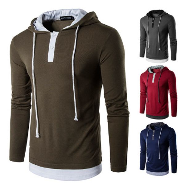 

Plus Size S-2XL Mens longline High Streetwear Style Male Sweatshirt Flase Two Piece Pullover Long Sleeves Hooded Hoodies