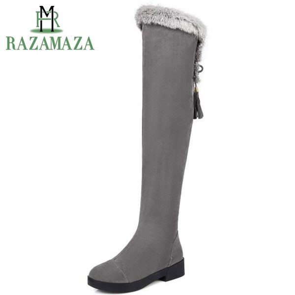 

razamaza women round toe flat over knee boots woman suede leather cross strap long botas warm fur winter shoes woman size 34-43, Black