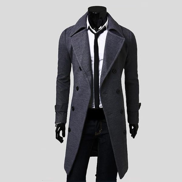 

2018 fall men's trench coat , jacket father's day gift , fashion men's slim double-breasted long wool coat gray, Black