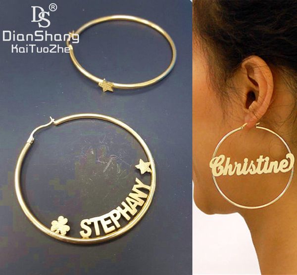 

1pairs custom name mix match hoop earrings fashion stainless steel 70mm diameter boho custom name plate earrings modern brincos, Golden;silver