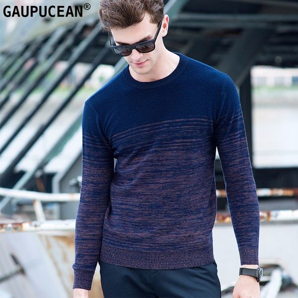 

100% pure wool men sweater striped gradient winter knitting blue male pullover o-neck casual long sleeve woolen man sweaters, White;black