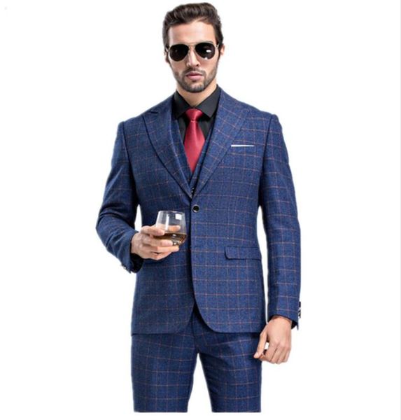 

(jacket+vest+pants) men's suits 2018 grid stripe suit male fashion wool suit men leisure single button wedding suits terno de noivo, White;black