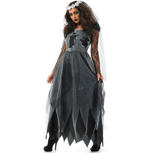

vampire zombie halloween costumes for women party performance black witch dress scary ghost veil+dress set clothing, Black;red