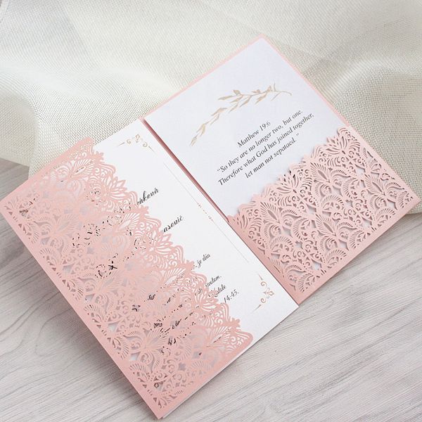 pink wedding invitation card with envelop rsvp pocket tri folded floral laser cut free customized printing free ship make birthday cards make greeting make greeting cards