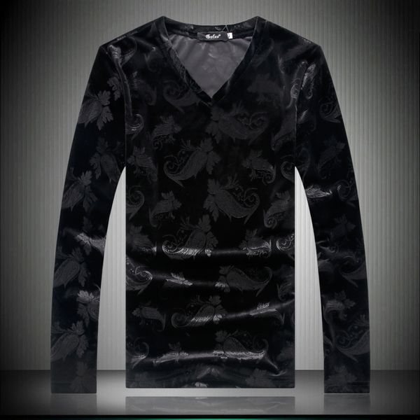 

t-shirt the long-sleeved men's winter v-neck autumn bottoming and shirt velvet large gold korean version of shirt size trend ijcjp, Black