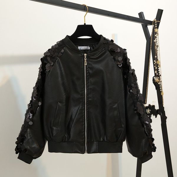 

2018 spring korean pu leather jacket women fashion short coat loose sequined jackets high-end uniform biker coat new, Black