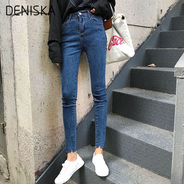

deniska 2018 spring skinny crop denim jeans frayed hem casual jeans pants women plain button trousers, Blue