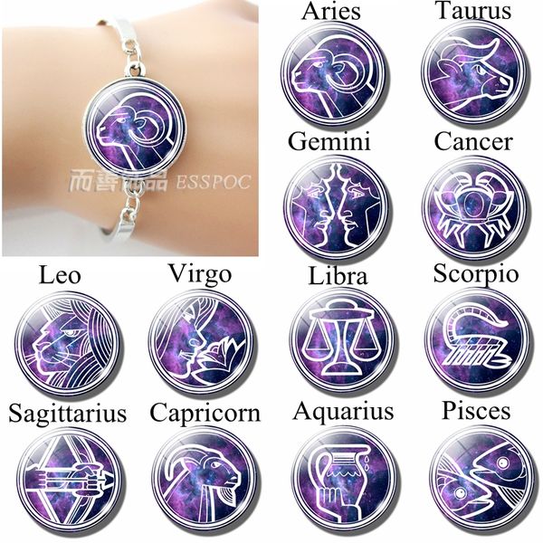 

12 constellations zodiac sign silver bracelet pisces libra aries taurus virgo leo glass cabochon jewelry men women birthday gift, Golden;silver