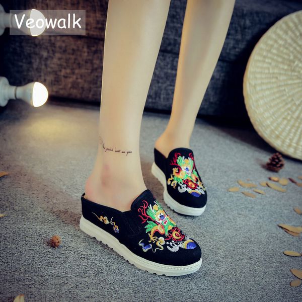 

veowalk chinese totem embroidery women's casual canvas wedge slippers medium hidden heel slip-on comfort platform slides shoes, Black