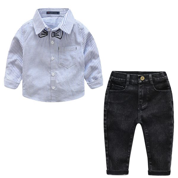 

spring and autumn new kids set children's korean long-sleeved embroidery tie striped shirt + jeans boy two-piece, White