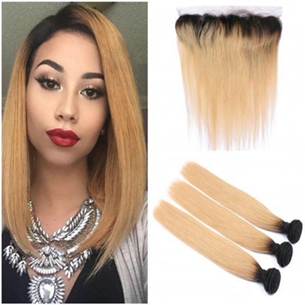 2019 Straight 1b 27 Honey Blonde Ombre Full Lace Frontal Closure