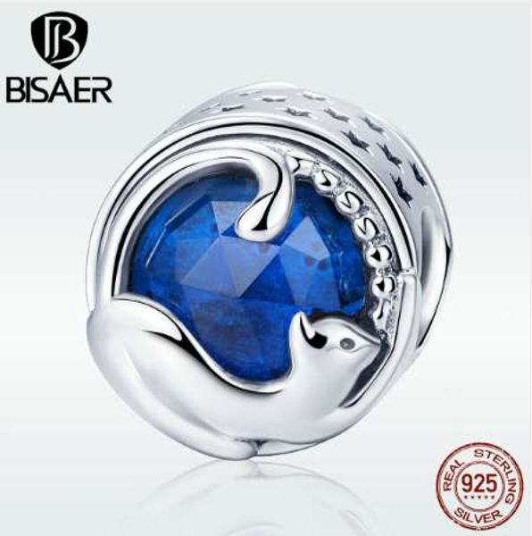 

bisaer 925 sterling silver blue stone crystal beads lazy cat animal beads fit for women silver charm bracelet or necklace gxc708, Black