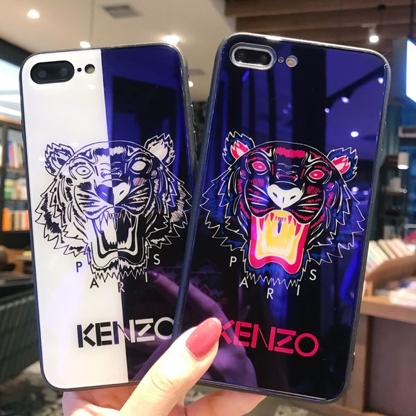 

wholesale fashion brand blue ray tempered glass phone case with tiger painted tpu back cover for iphonex 7/8p 7/8 6sp 6/6s 2 color available