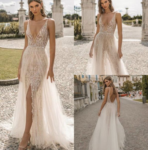 Berta Privée 2019 Sereia Vestidos De Noiva De Pescoço Pescoço Renda De Laço De Renda Ver através Do Vestido De Noiva Boho Slit simples modesto