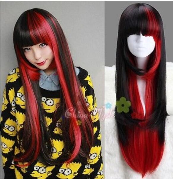 O ENVIO GRATUITO de +++ Moda Feminina Cosplay Longo Peruca Gótico Preto Vermelho Sexy Em Camadas de Cabelo Ondulado Encaracolado