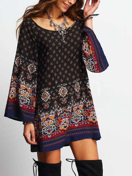 

women beach bohemia dress baroque vintage ethnic floral print scoop neck long sleeve loose casual plus size - 3xl spring fashion clothes, Black;pink