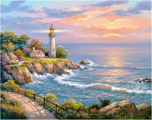 

diy diamond painting cross stitch kit rhinestone full round diamond embroidery landscape seaside lighthouse home mosaic decoration yx4092