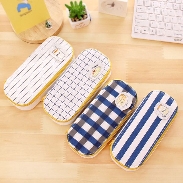 

creative canvas plaid stripes pencil case cute large simple capacity pencil bag for students school supplies