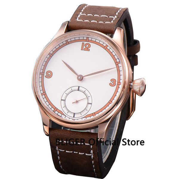 

classic 44mm white sterile dial rose golden case 17 jewels 6498 hand winding movement men's wrist watch genuine leather watch, Slivery;brown