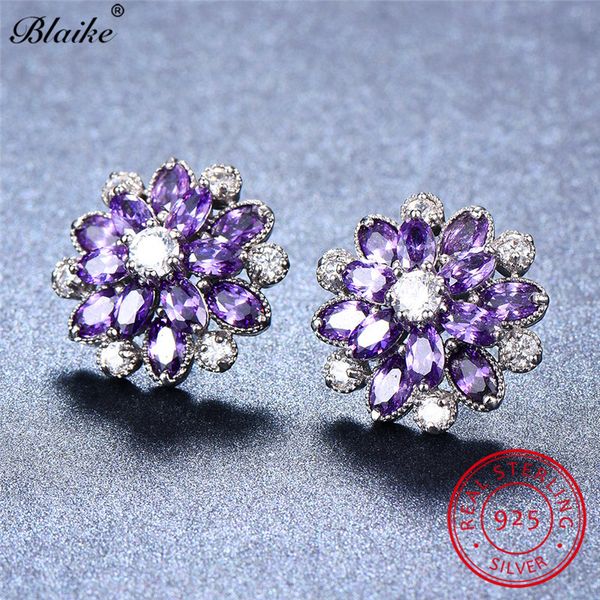 

blaike solid s925 sterling silver amethyst snowflake stud earrings for women purple zircon flower earrings luxury fine jewelry, Golden;silver
