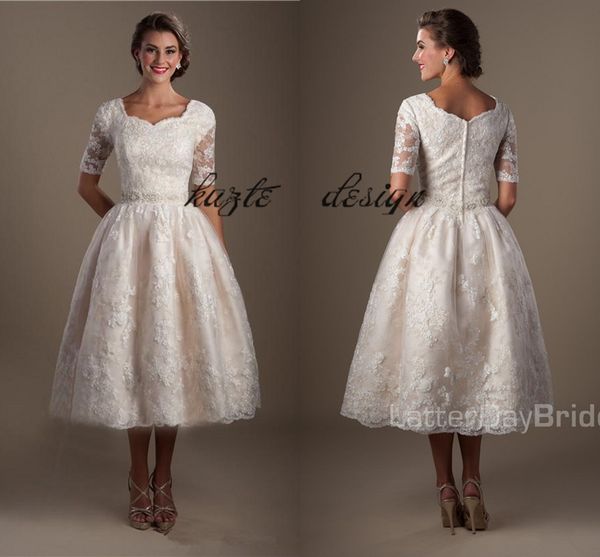 Discount Vintage Champagne Lace Tea Length Modest Wedding Dresses