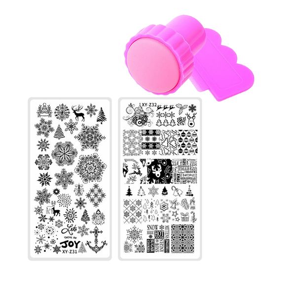 

2pcs set new xmas nail stamping plates nail stencil stamp template image christmas art stamping plate stamper scraper, White