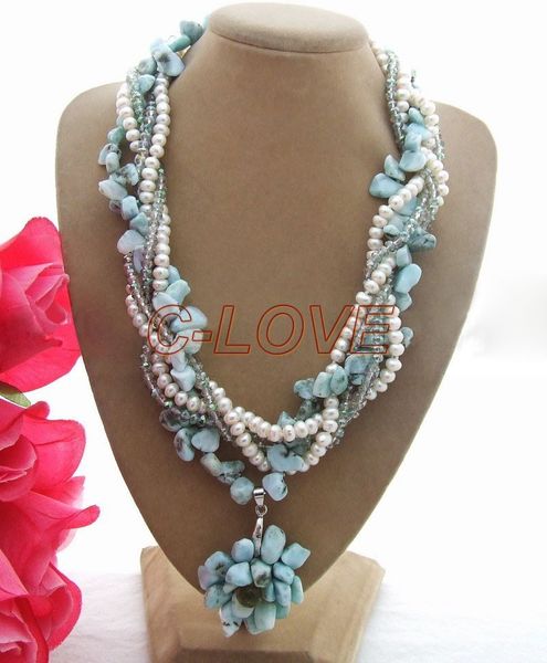 

5 нитей pearllarimarcrystalpendant necklace, Black