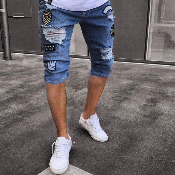 

2018 new shorts men hole embroidered jeans slim man shorts, White;black