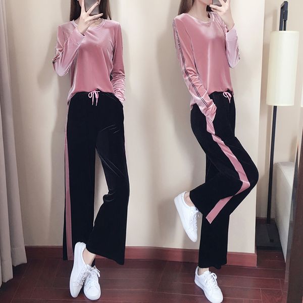 

gold velvet sportsing suit female spring autumn casual women wide leg pants suit sweatshirts 2-piece set, Gray