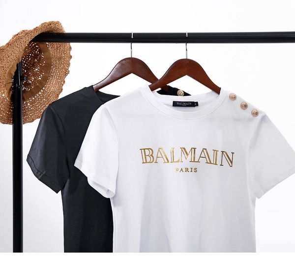 

2019 ummer new luxury de ign houlder gold buckle tamping gold letter black white hort leeved cotton round neck t hirt for women